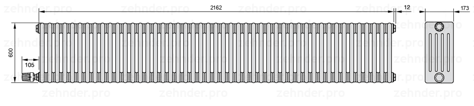 Схема (чертеж) Радиатор Zehnder Charleston 5060/47 №V004 Белый глянцевый RAL 9016